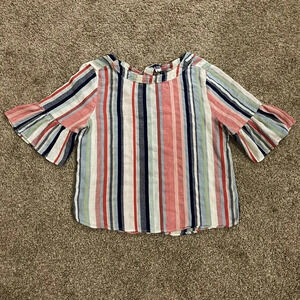 Susina Rainbow Striped Ruffle Sleeve Tie Boho Linen Shirt